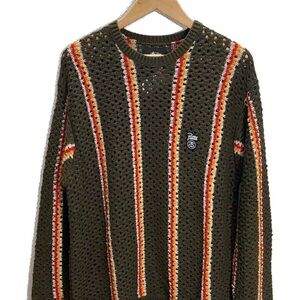 Stussy Men's Olive Sweater with Red and Yellow Stripes